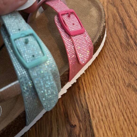 Girls Toddler Pink Blue Shimmer Sandal Toe Loop Cork Bed Various Sizes NWT - Picture 7 of 7